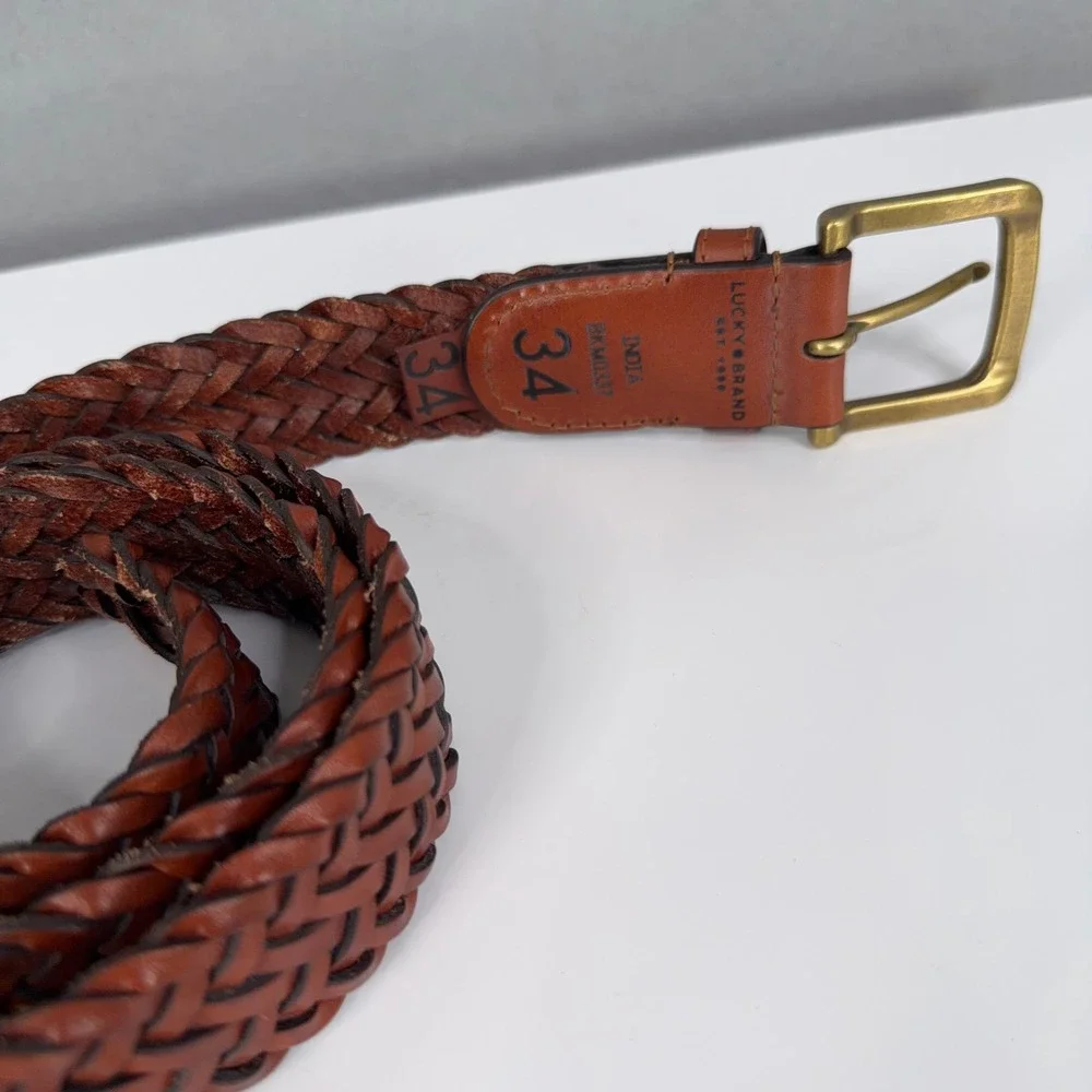 Lucky Brand Woven Leather Belt Mens 34 Brown Braided Brass Buckle Casual Boho
